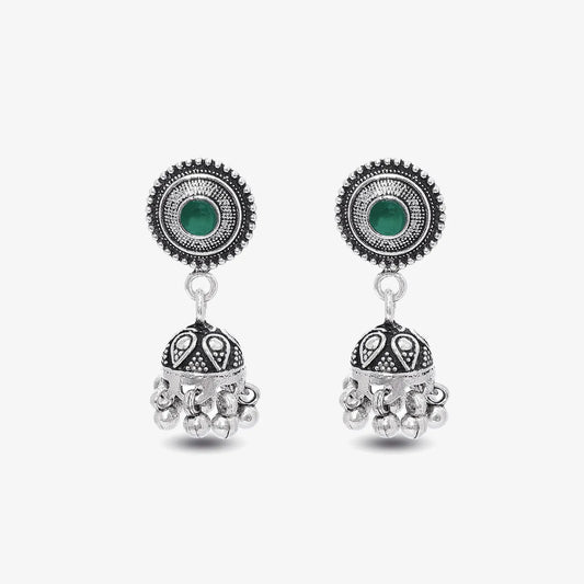 Silver Green Stone Studded Oxidised Jhumka Earrings