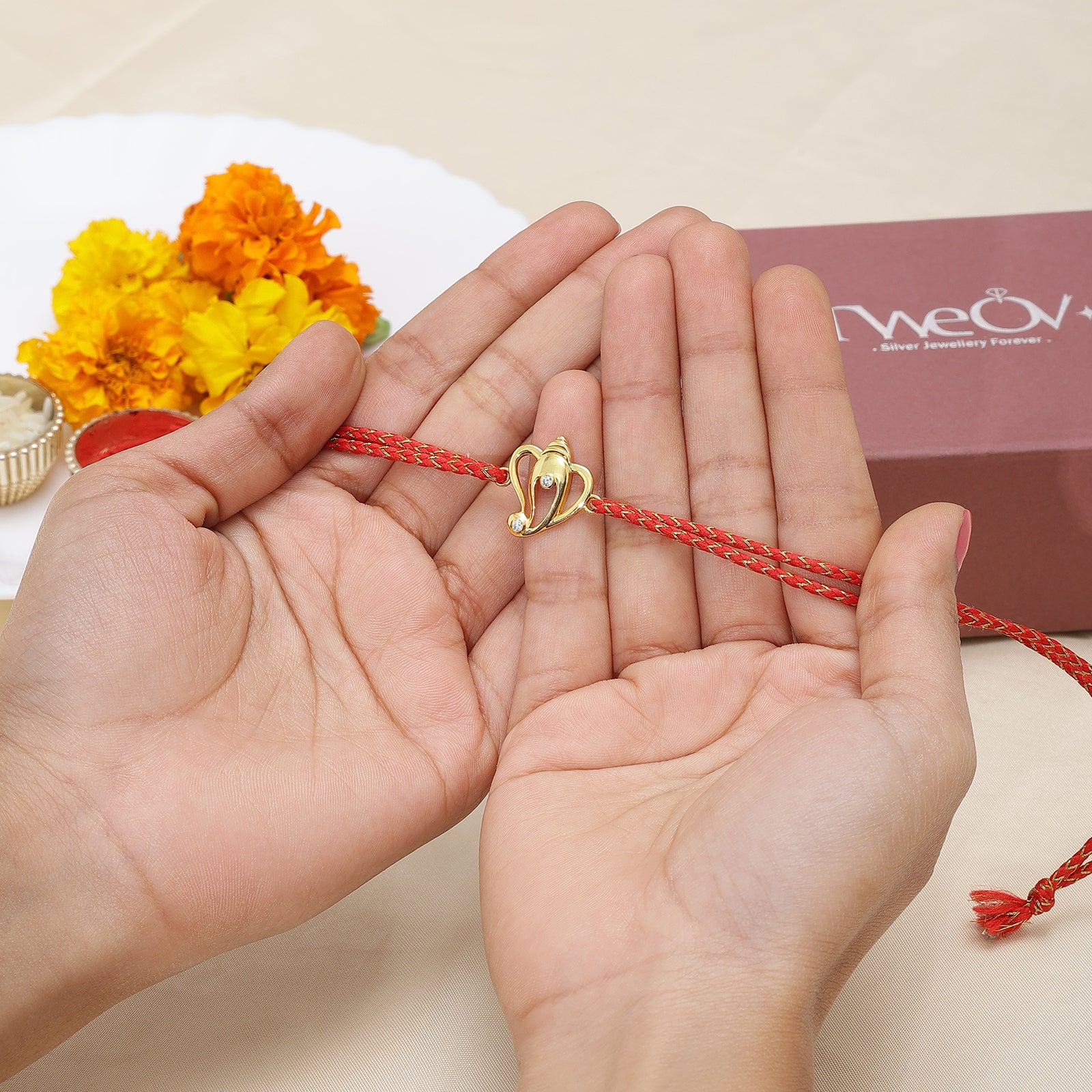 Golden Ganesha Red Thread Silver Rakhi for Brother - Tweov Jewels