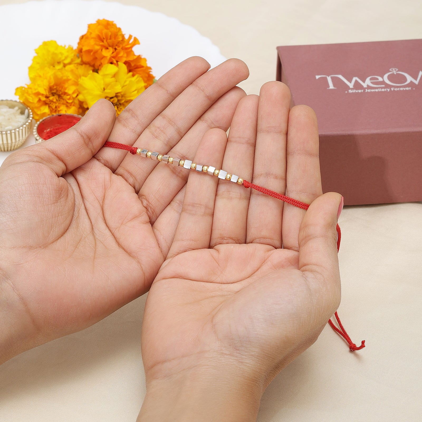 Simple Box Beads Silver Rakhi for Brother