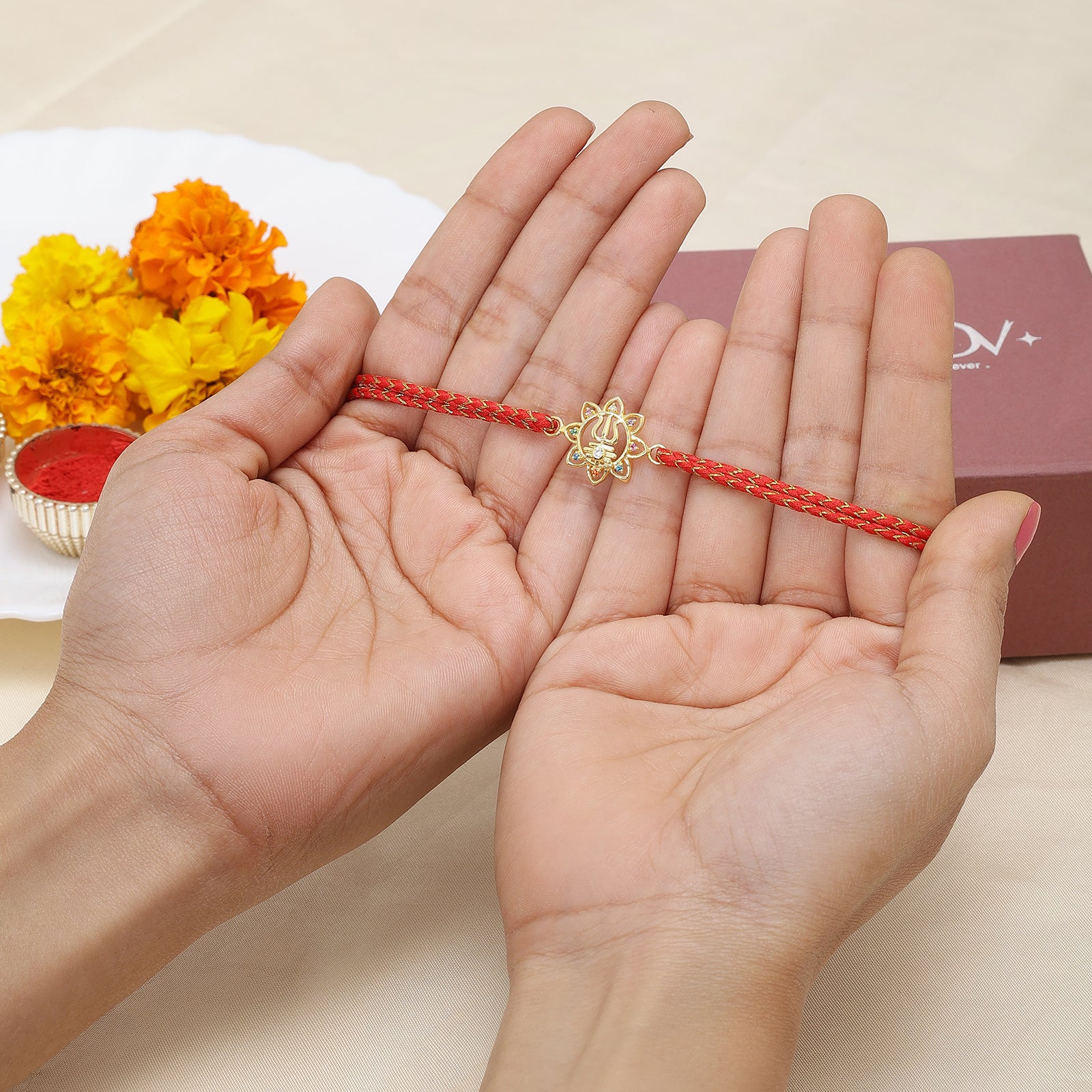 Golden Multicolor Trishul Floral Silver Rakhi for Brother - Tweov Jewels