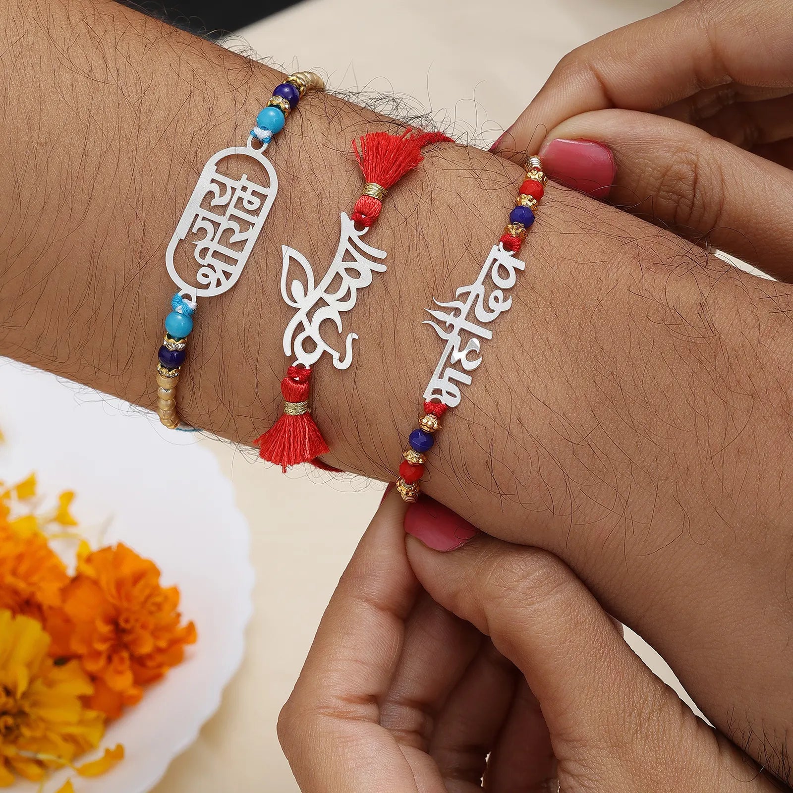 Krishna Mahadev Silver Rakhi for Brother (Pack of Three)
