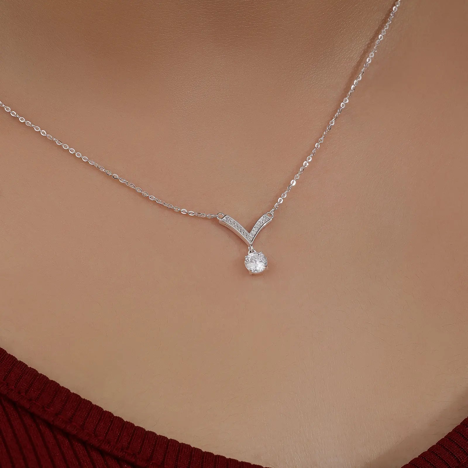 CZ Studded V-Shaped Silver Necklace