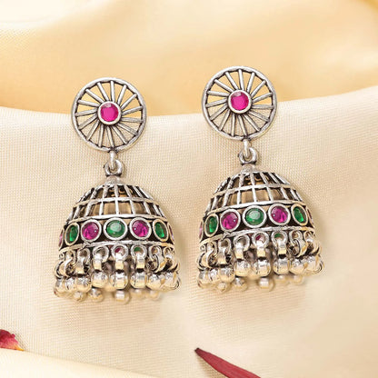 Pink & Green Stone Silver Jhumka Earrings