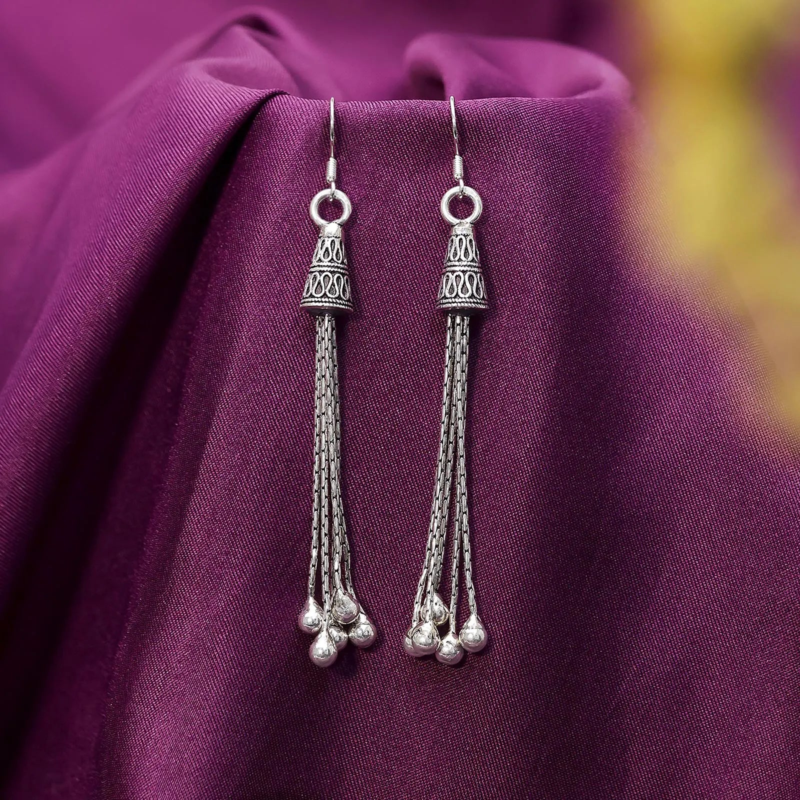 Long Dangling Silver Oxidised Earrings - Tweov Jewels