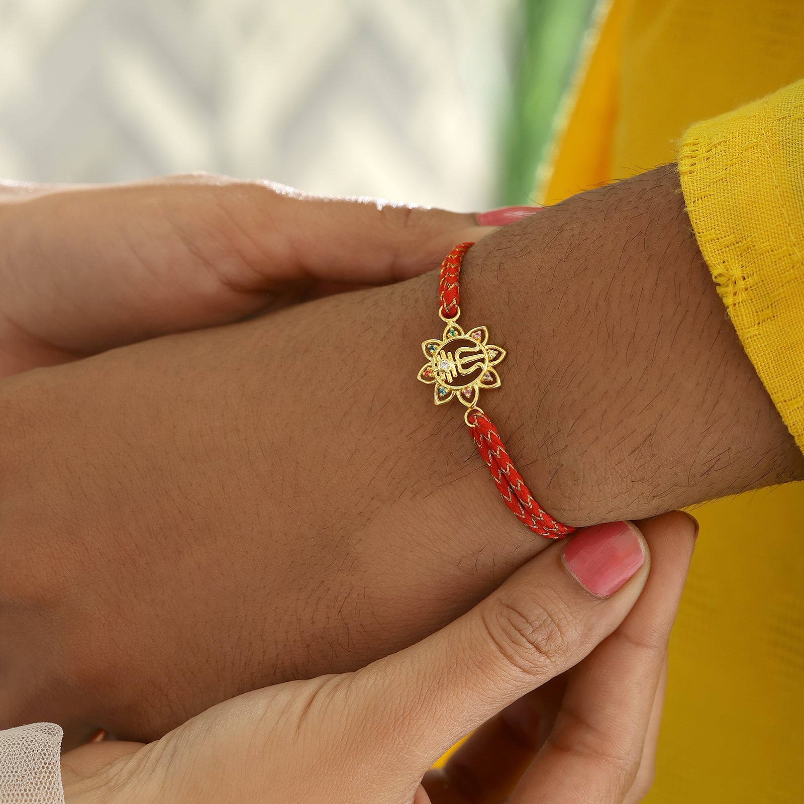 Golden Multicolor Trishul Floral Silver Rakhi for Brother - Tweov Jewels