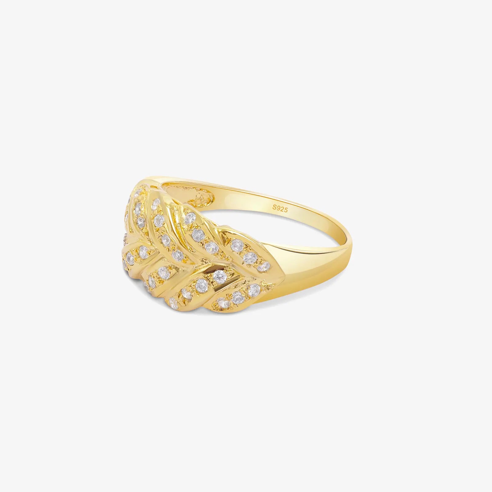 Gold Plated AD Wide Silver Leaf Ring