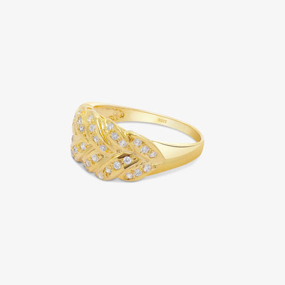 Gold Plated AD Wide Silver Leaf Ring