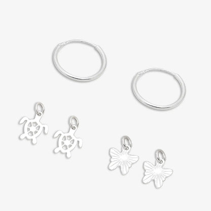 Set of 2 Silver Butterfly & Tortoise Hoop Earrings for Kids