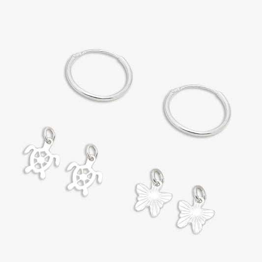 Set of 2 Silver Butterfly & Tortoise Hoop Earrings for Kids