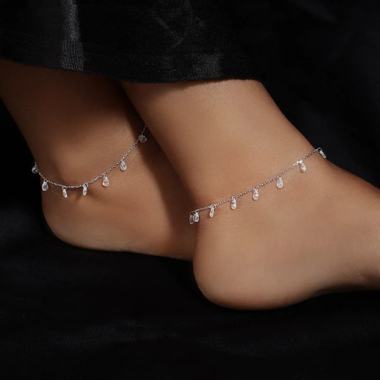 Raindrop Crystal Silver Chain Anklet