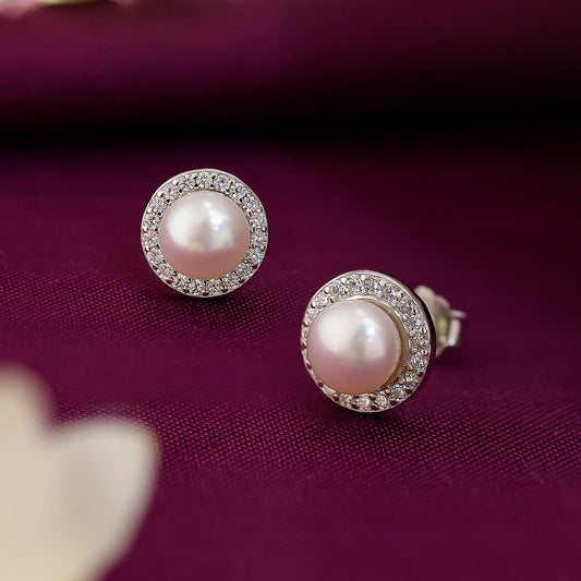 Silver CZ Pearl Stud Earrings for Women