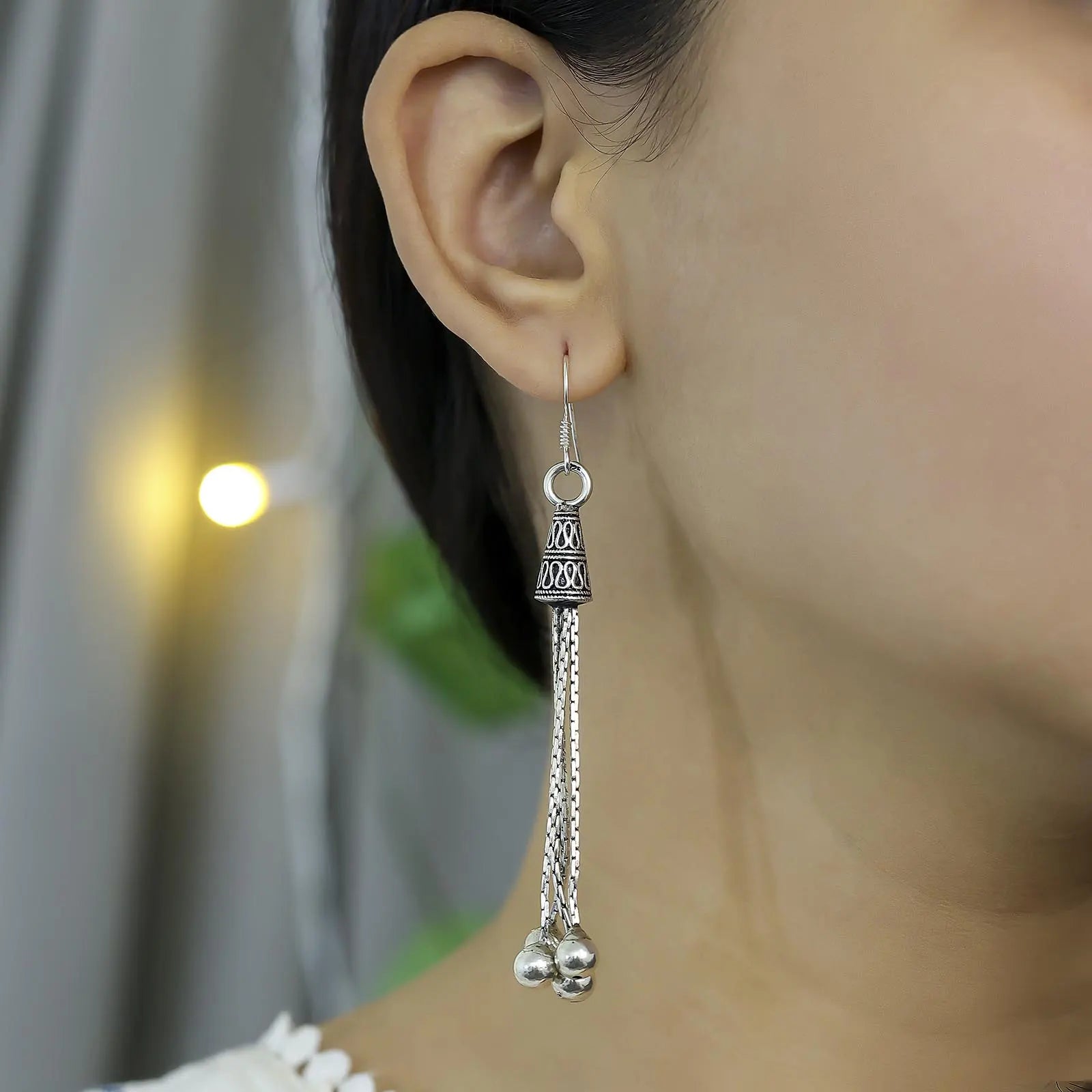 Long Dangling Silver Oxidised Earrings - Tweov Jewels