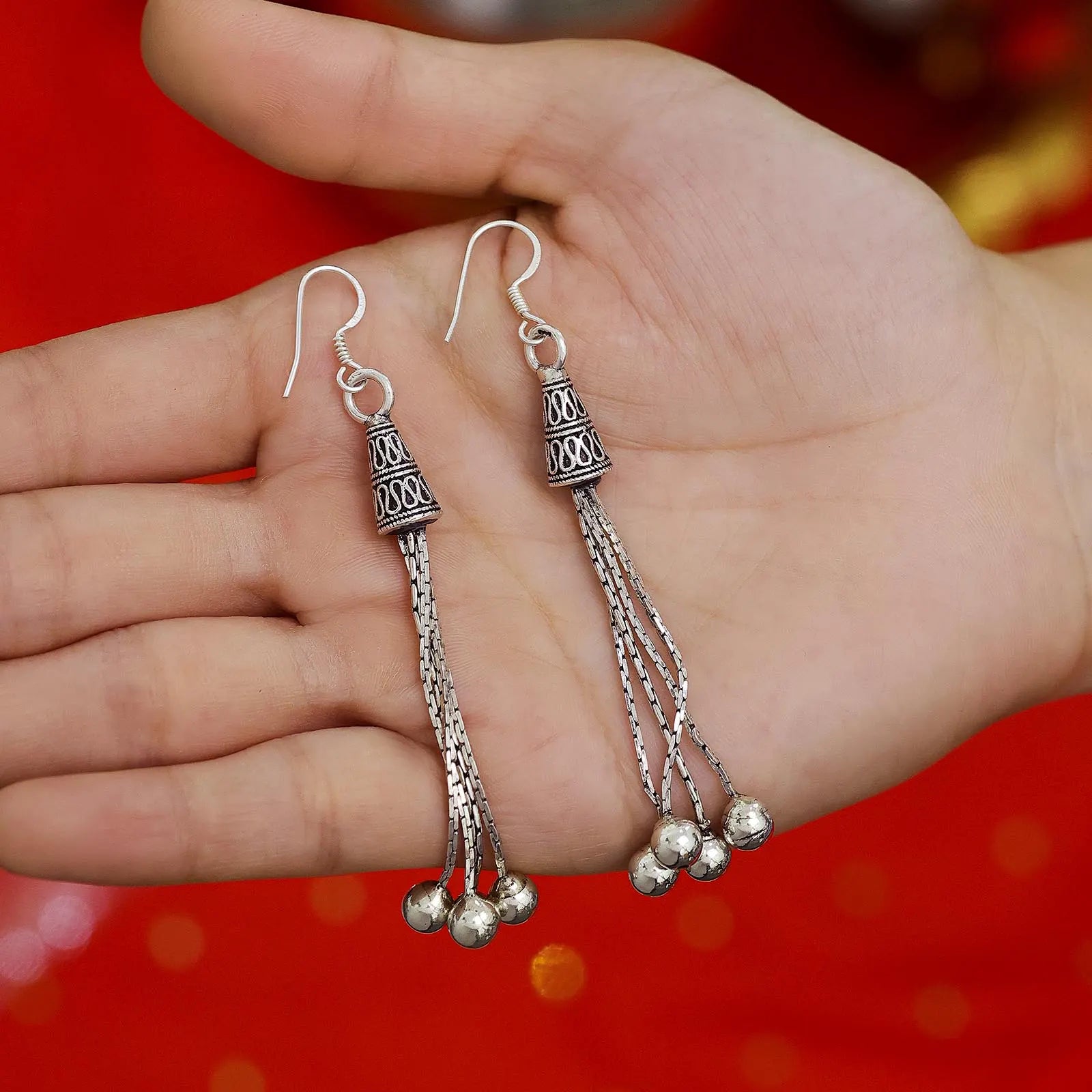 Long Dangling Silver Oxidised Earrings - Tweov Jewels