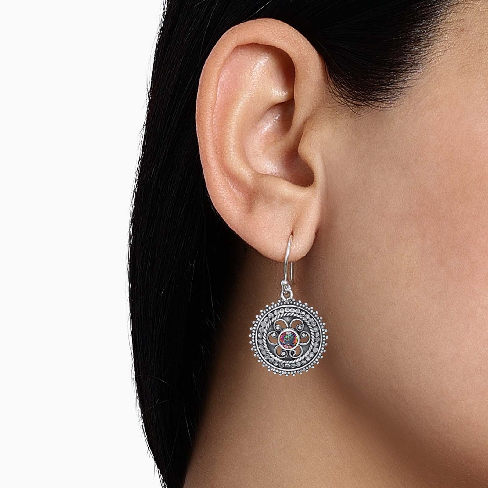 Pure Silver Earrings - Oxidised Hook With Rainbow CZ - Tweov Jewels