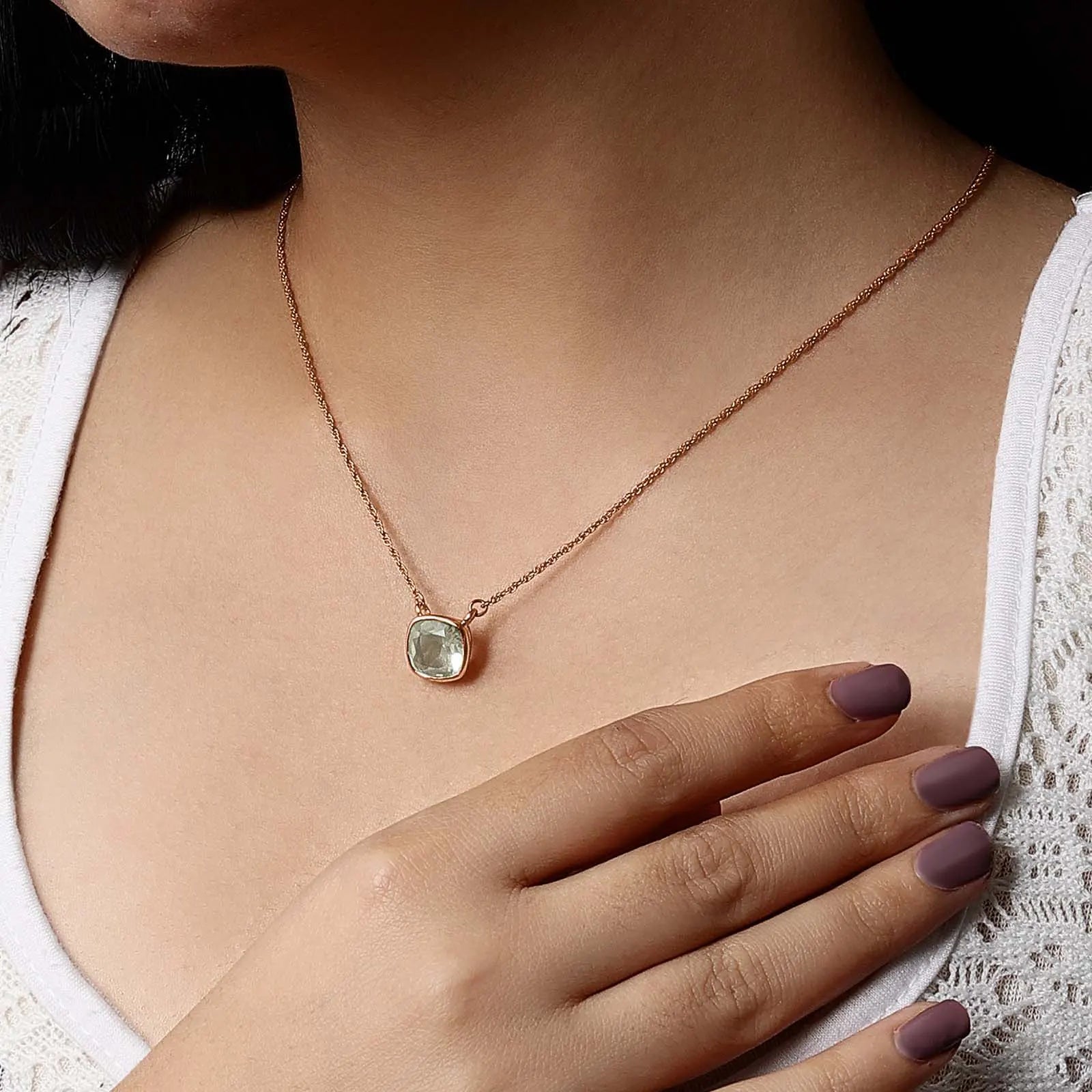Rose Gold Light Green Stone Studded Silver Necklace