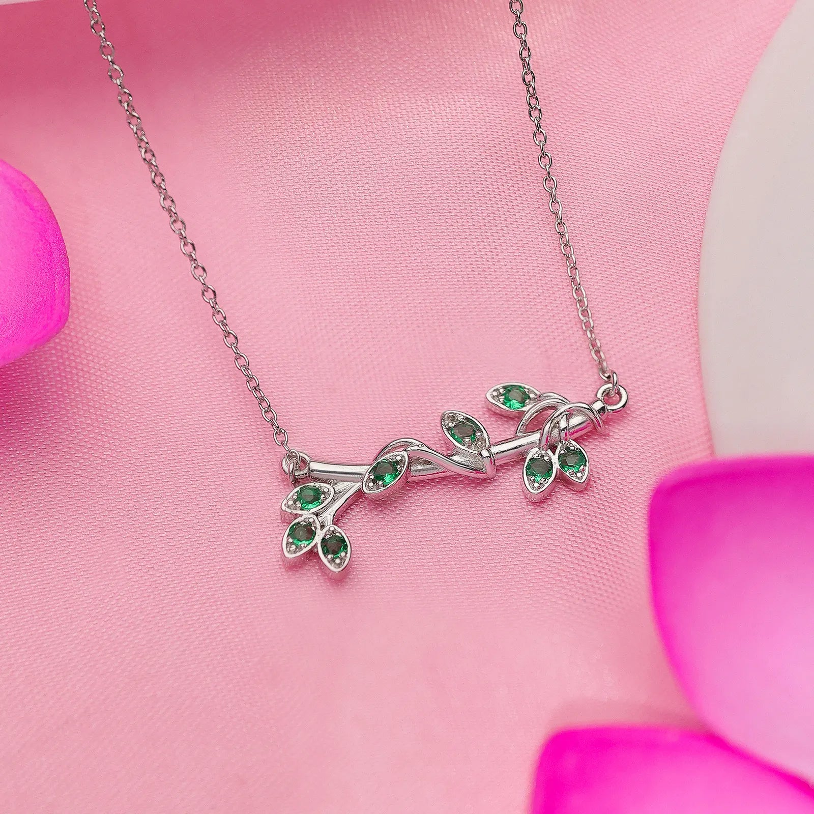 Silver Emerald Leaf Chain Necklace