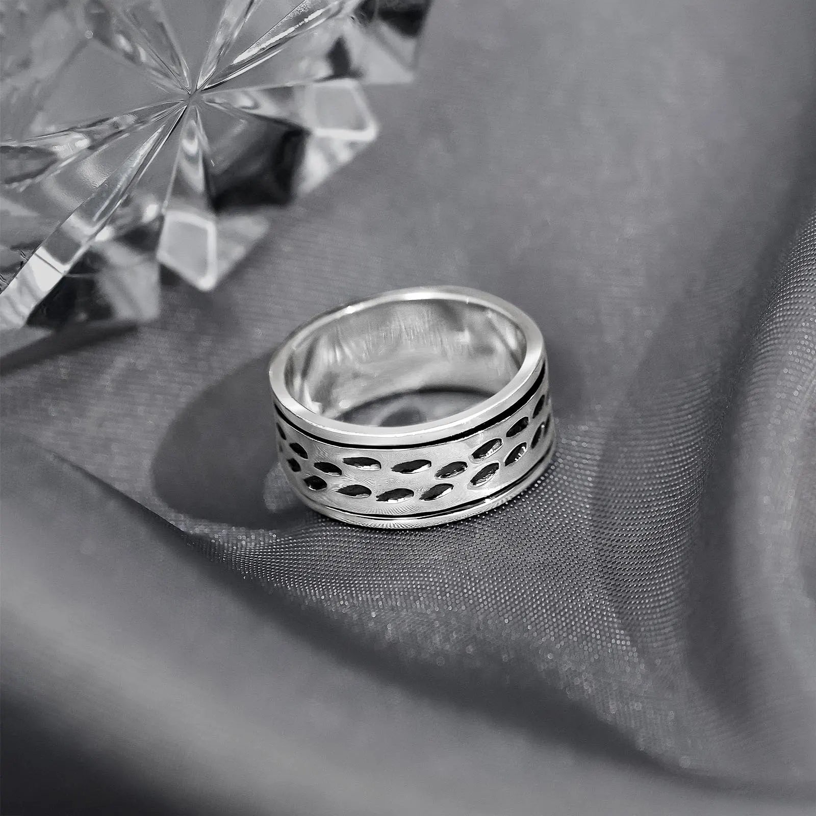 Black Stripes Carved Silver Band Ring
