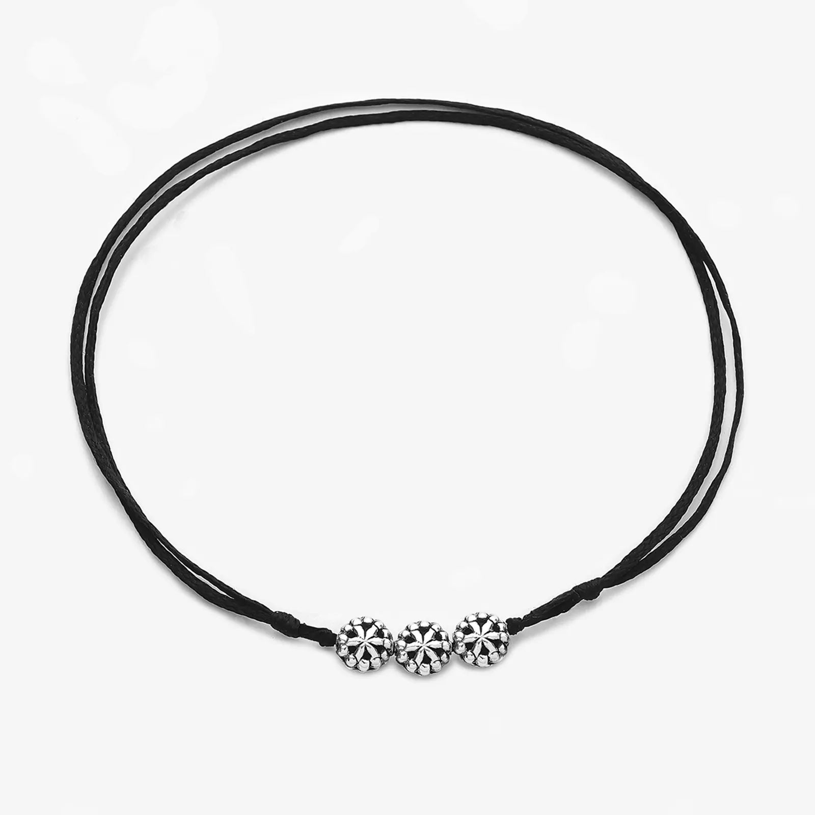 Silver Triple Floral Black Thread Anklet - Tweov Jewels