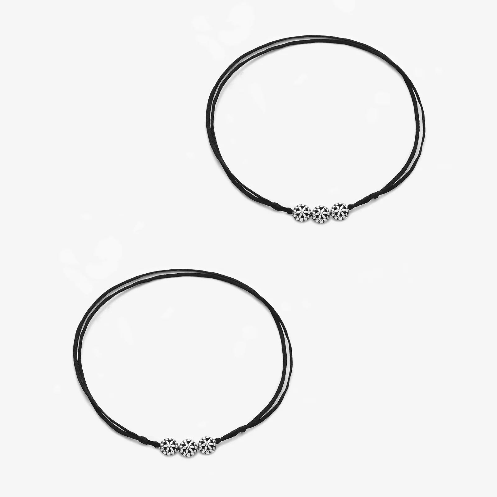 Silver Triple Floral Black Thread Anklet - Tweov Jewels