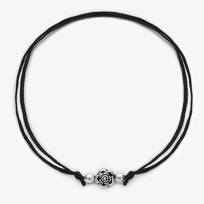 Silver Floral Black Thread Anklet