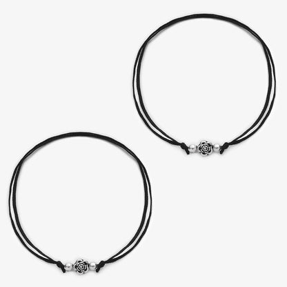 Silver Floral Black Thread Anklet