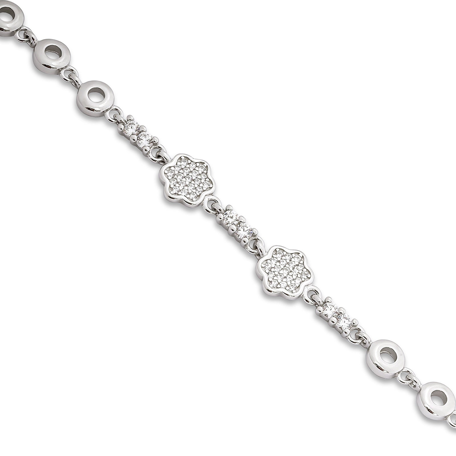 Pure 925 Sterling Silver CZ Floral Chain Bracelet for Women