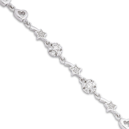 925 Sterling Silver CZ Floral Shaped Heart Bracelet for Women
