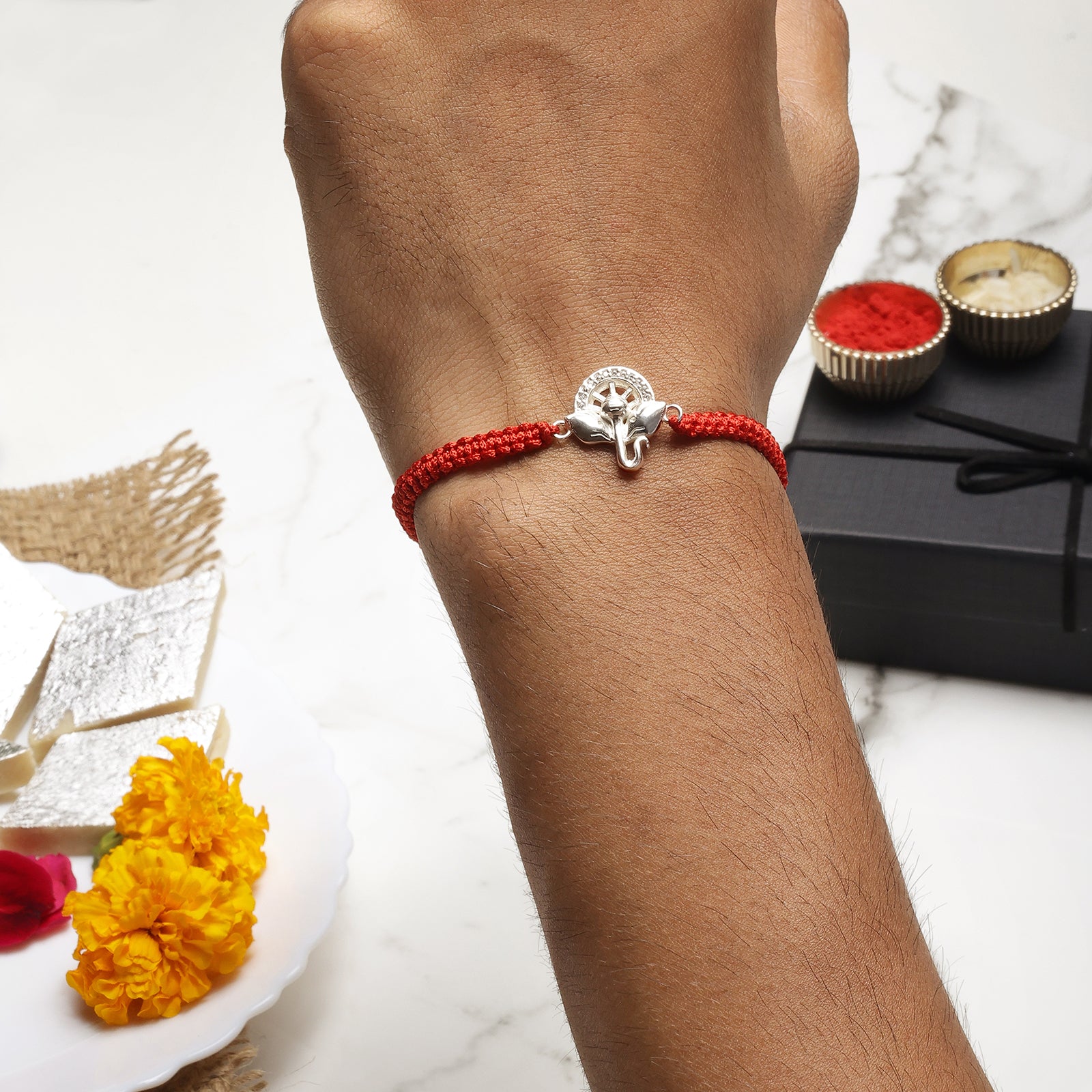 Ganesha CZ Silver Rakhi for Brother