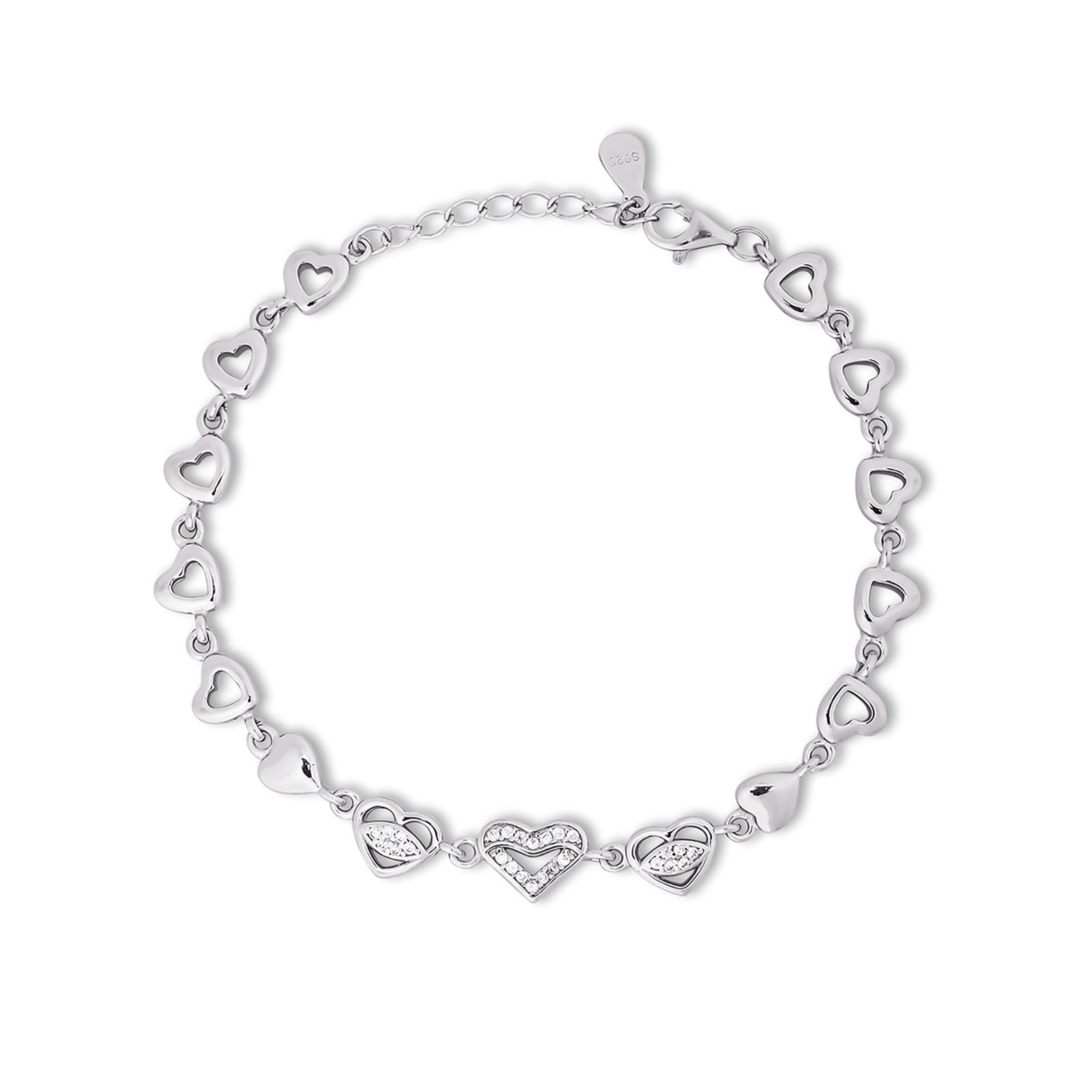 925 Sterling Silver CZ Trendy Heart Bracelet for Women