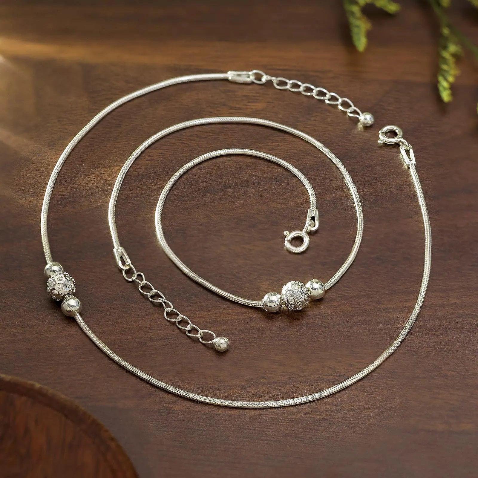Ball Beaded Thin Silver Chain Anklet for Women