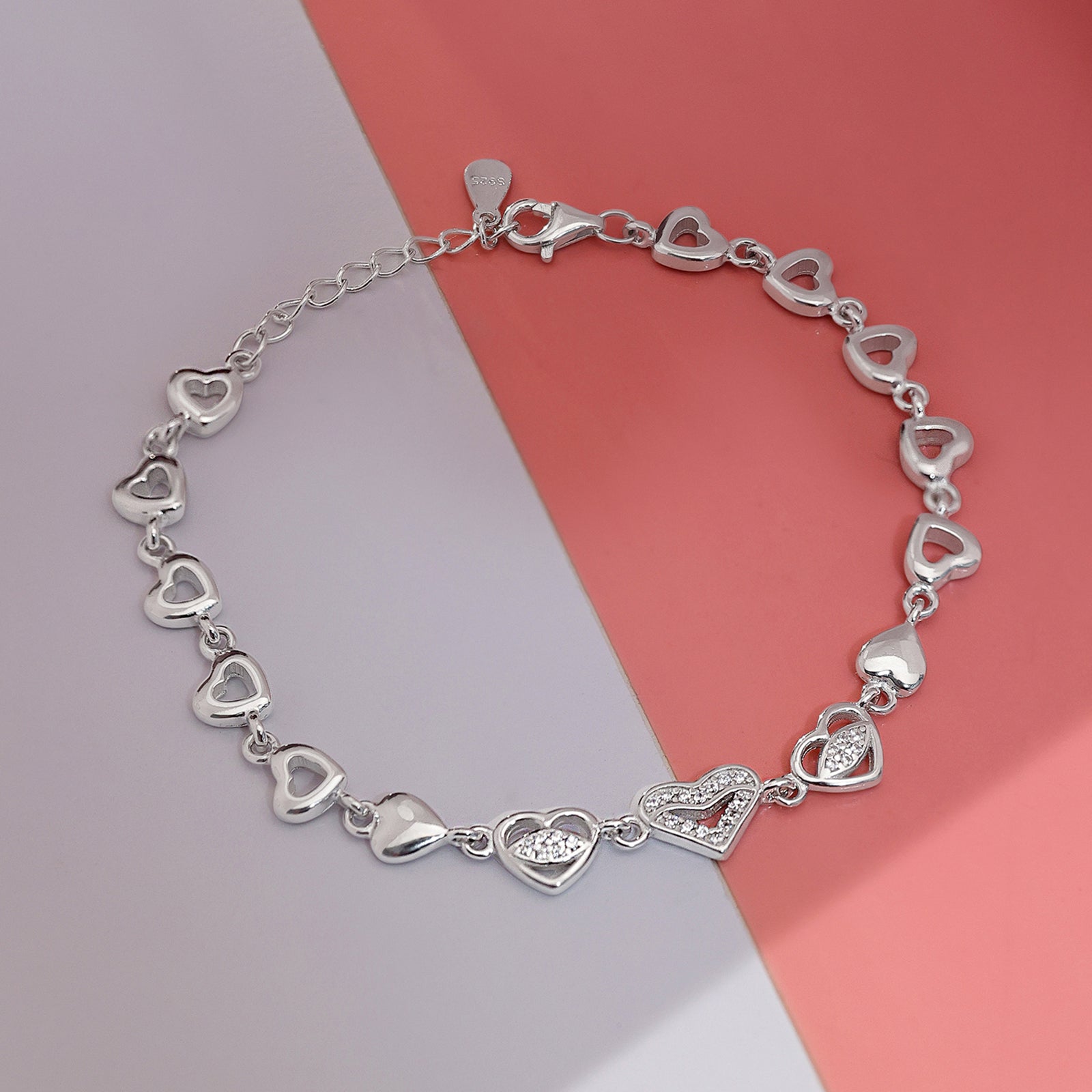 925 Sterling Silver CZ Trendy Heart Bracelet for Women