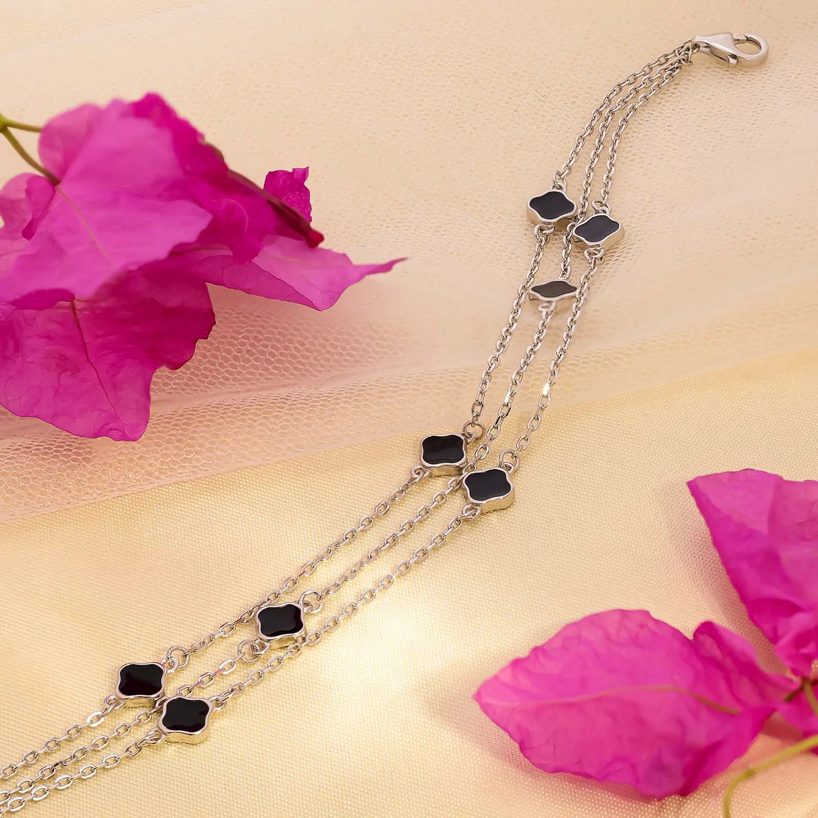Black Clover Layered Silver Chain Bracelet