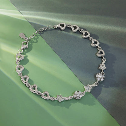 925 Sterling Silver CZ Floral Shaped Heart Bracelet for Women