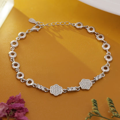 Pure 925 Sterling Silver CZ Floral Chain Bracelet for Women