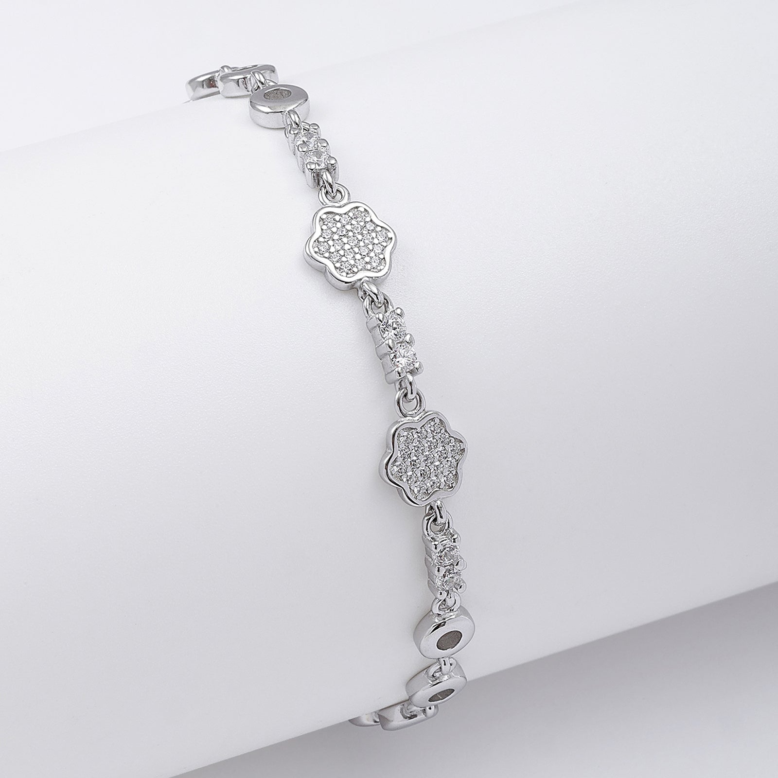 Pure 925 Sterling Silver CZ Floral Chain Bracelet for Women