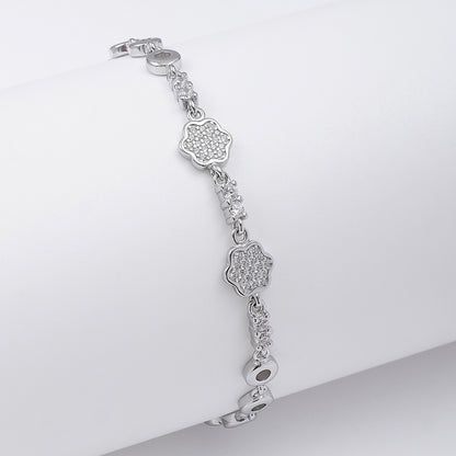 Pure 925 Sterling Silver CZ Floral Chain Bracelet for Women