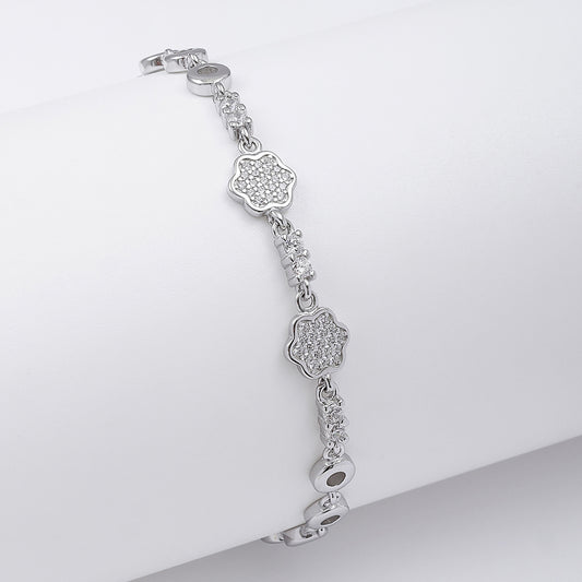 Pure 925 Sterling Silver CZ Floral Chain Bracelet for Women