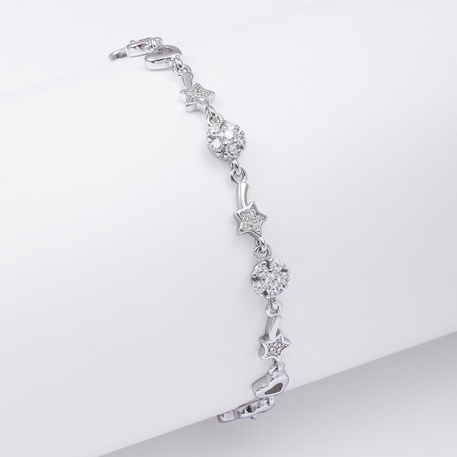 925 Sterling Silver CZ Floral Shaped Heart Bracelet for Women