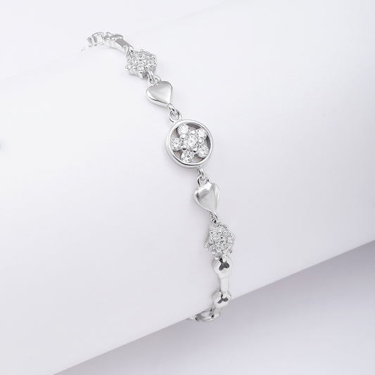 925 Sterling Silver CZ Trendy Floral Heart Chain Bracelet