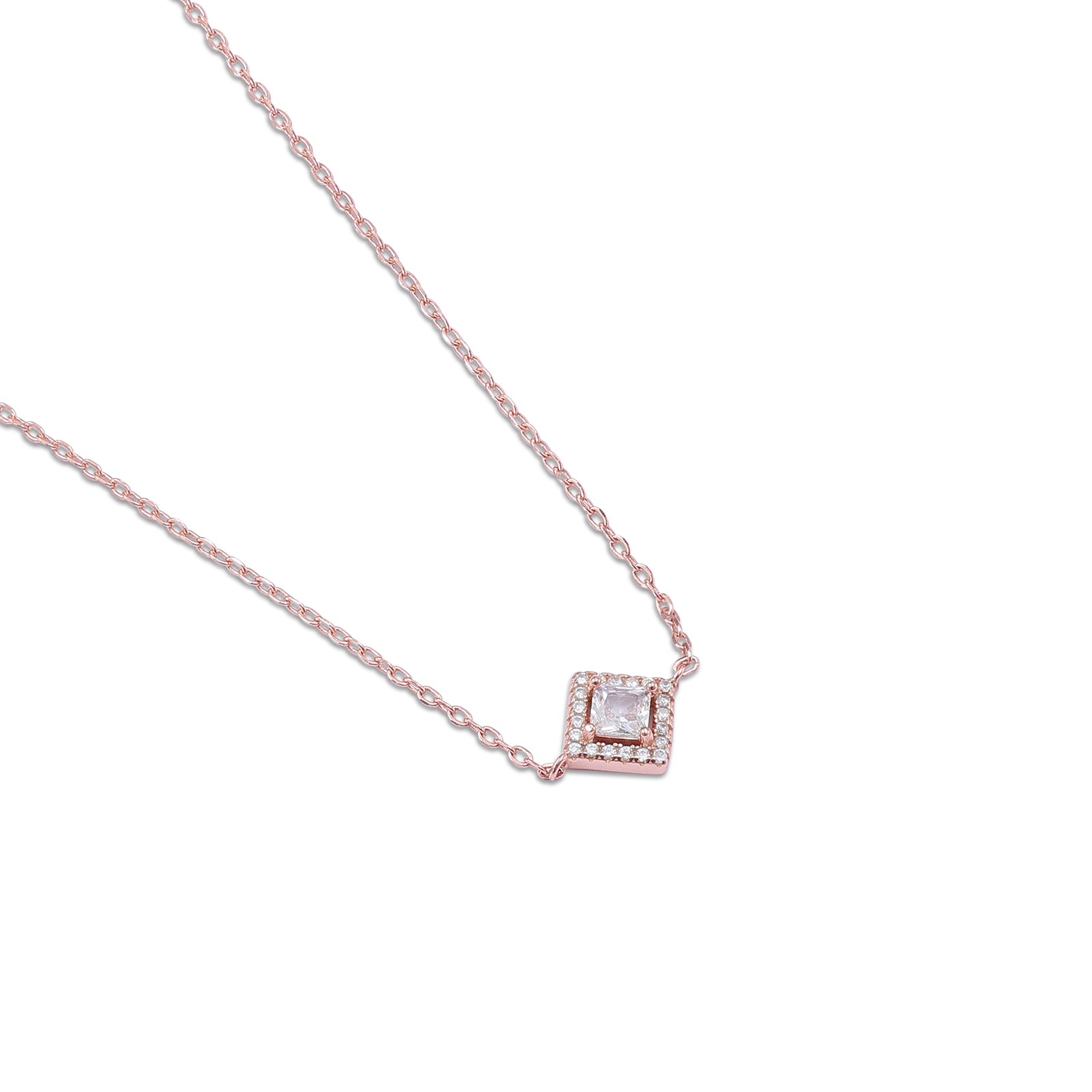 Rose Gold Plated CZ Studded Square Pendant with Chain