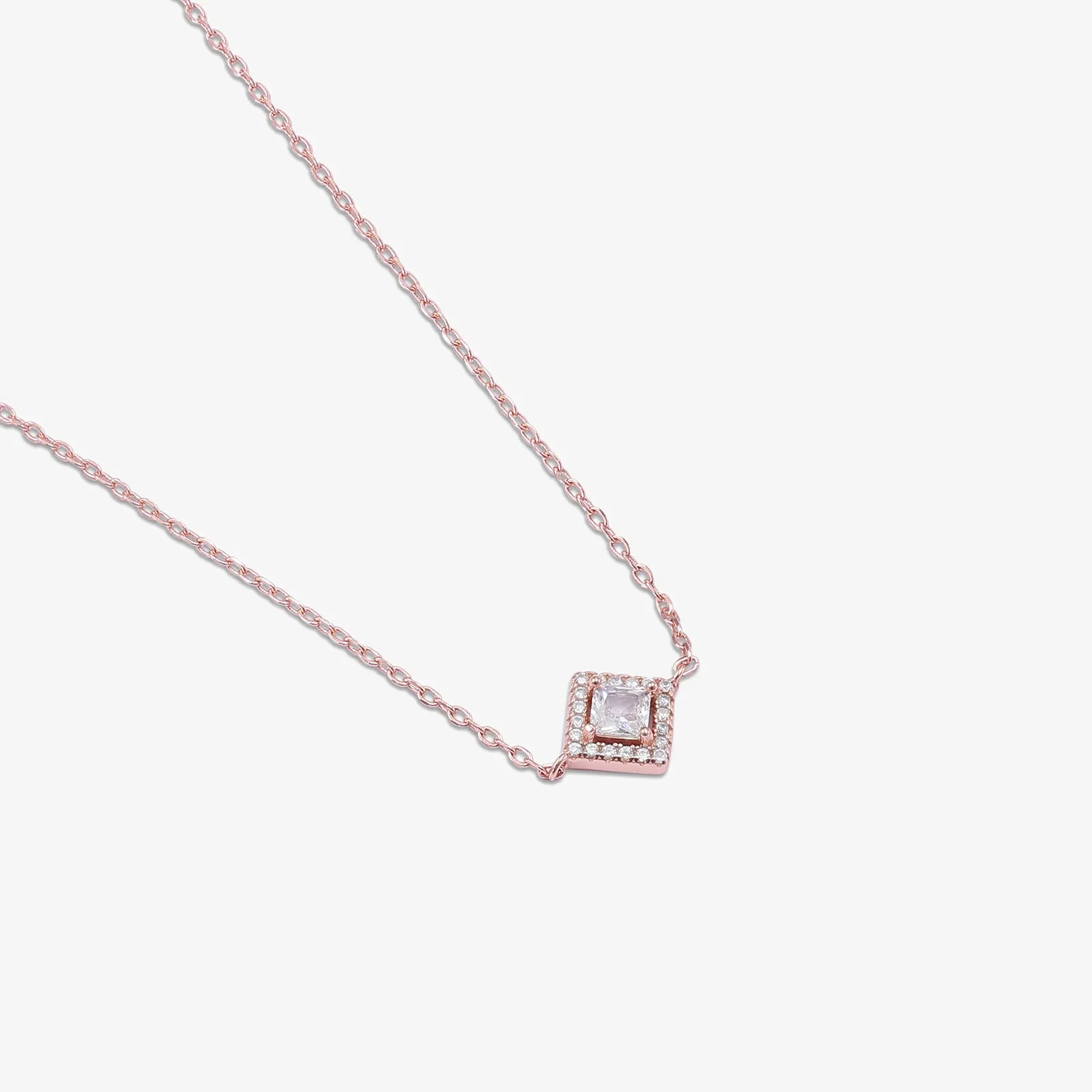 Rose Gold Plated CZ Studded Square Pendant with Chain