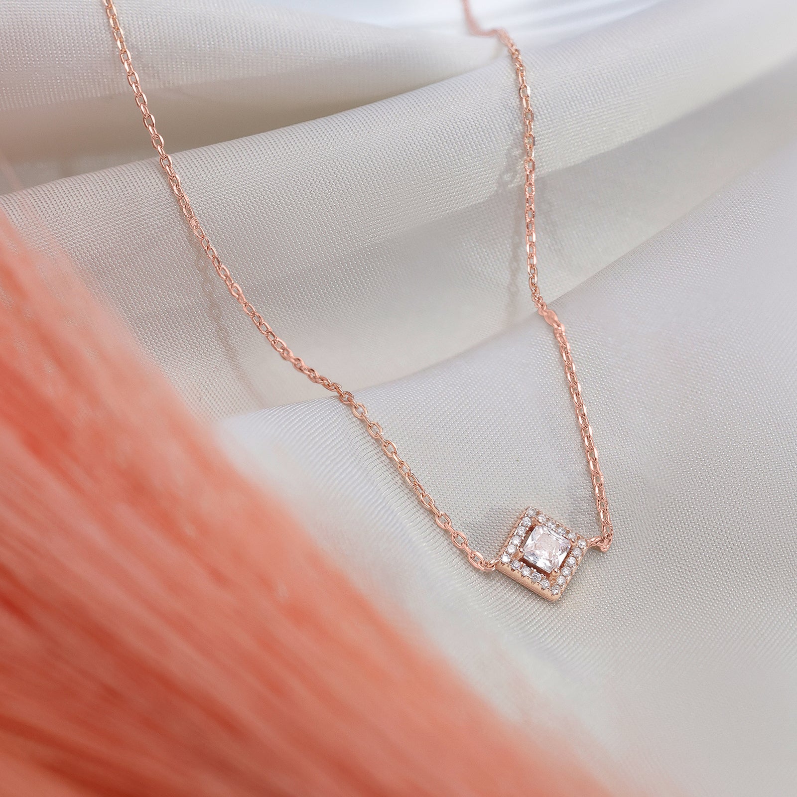 Rose Gold Plated CZ Studded Square Pendant with Chain
