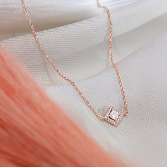 Rose Gold Plated CZ Studded Square Pendant with Chain