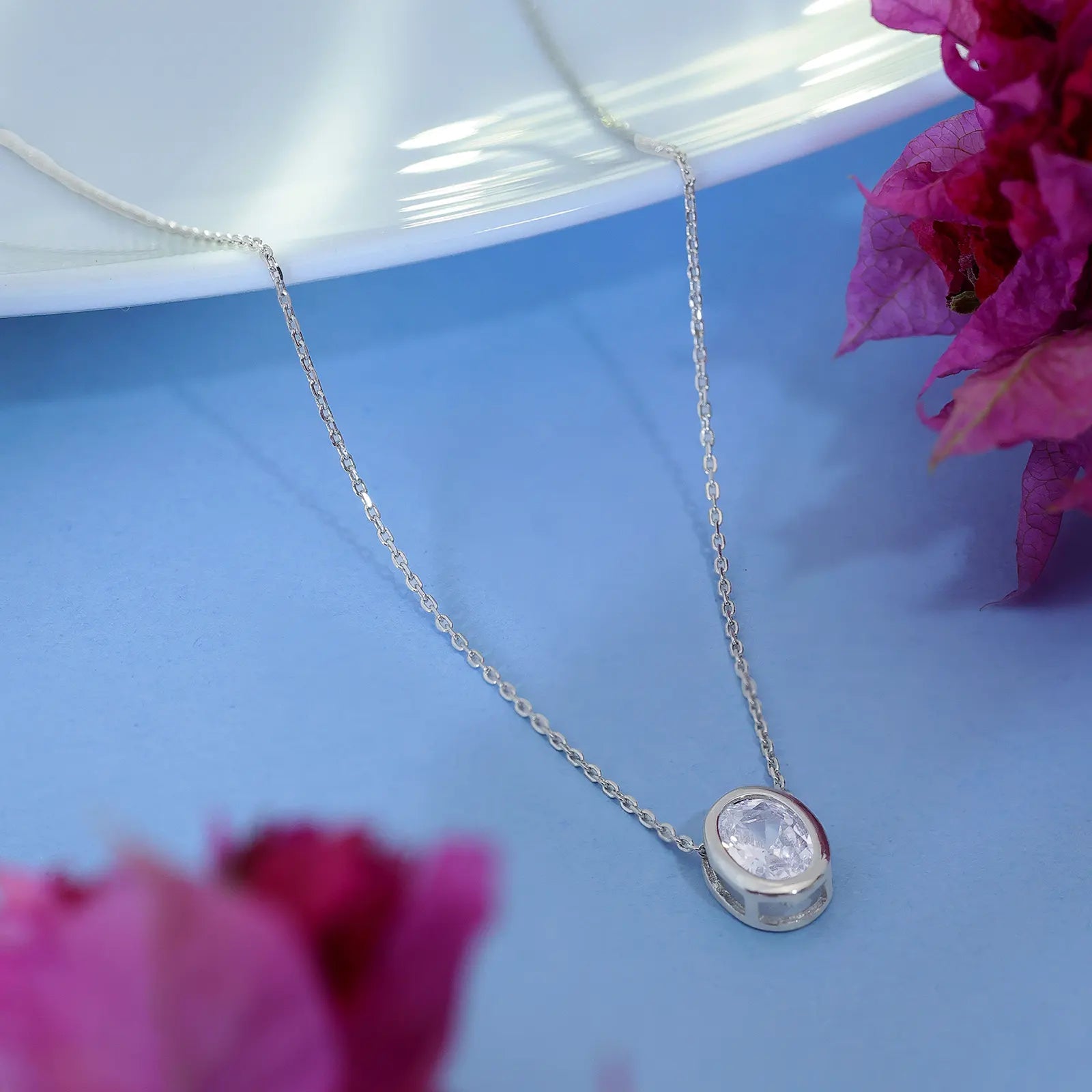 CZ Studded Silver Oval Pendant with Chain