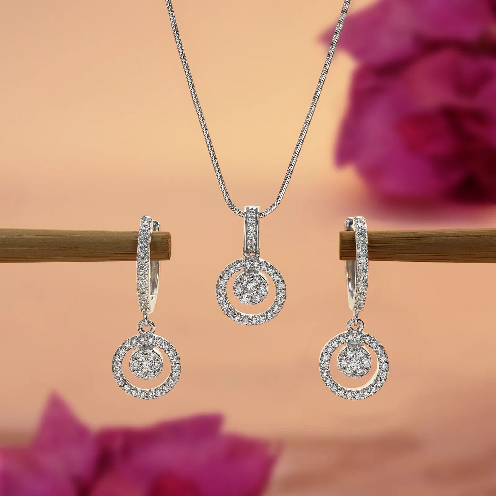 Round Cut Silver Floral Pendant & Hoop Earrings Set - Tweov Jewels