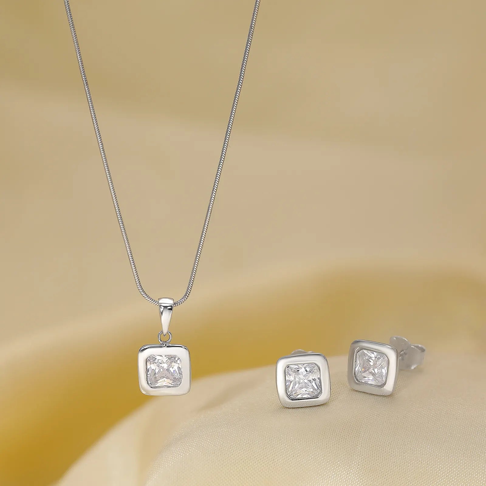 Square Cut Silver Pendant & Earrings Set - Tweov Jewels