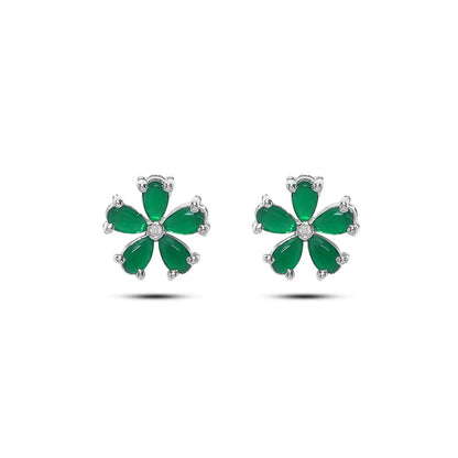 Floral Green Silver Stud Earrings