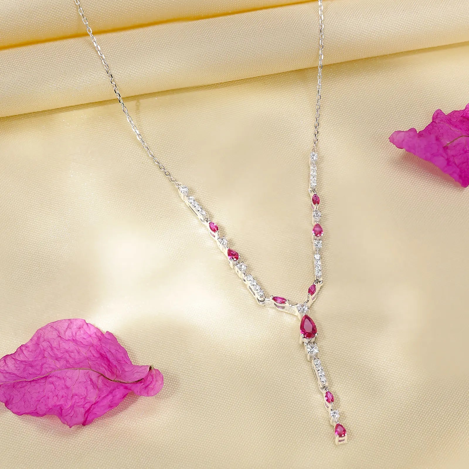 Designer Silver Pink Drop Necklace