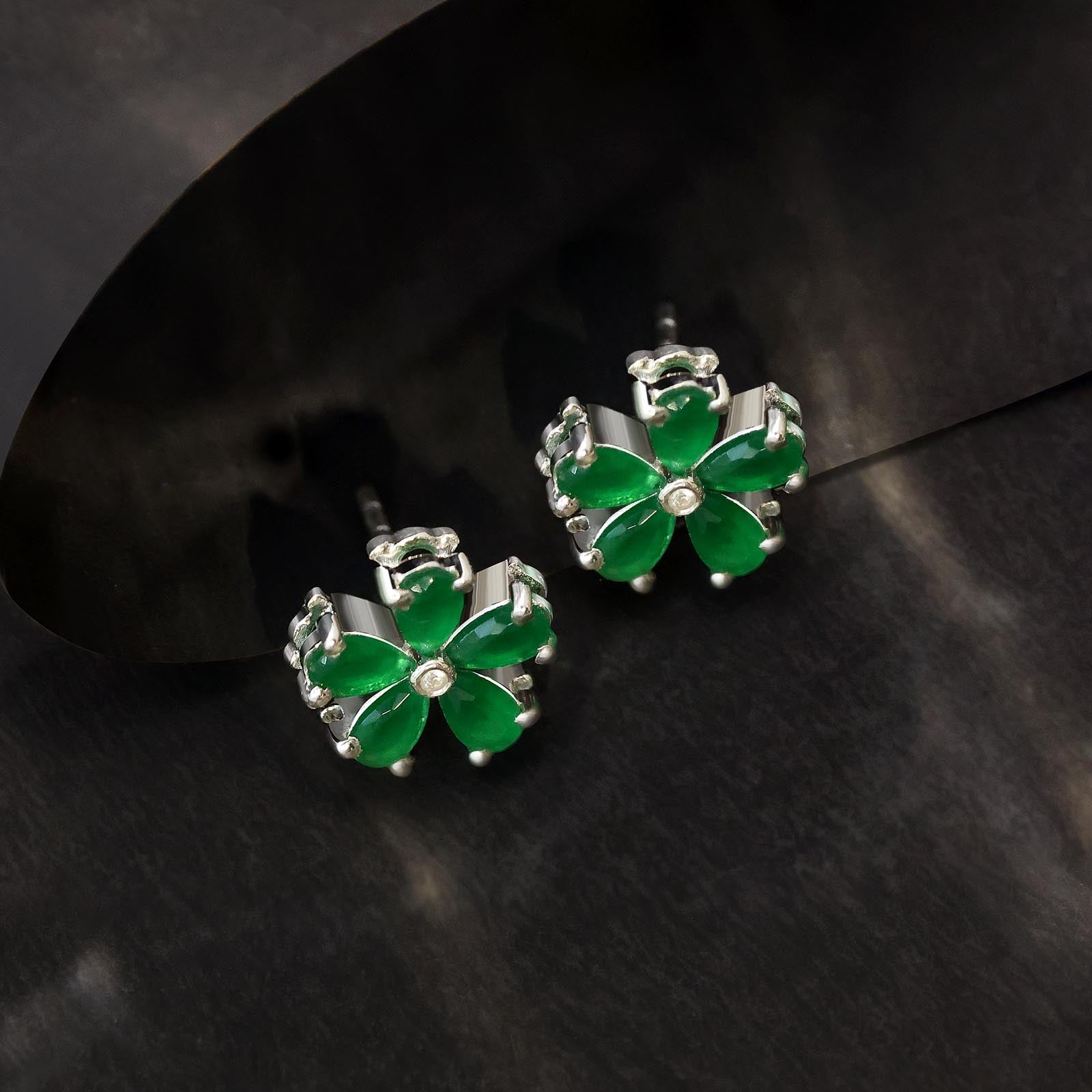 Floral Green Silver Stud Earrings