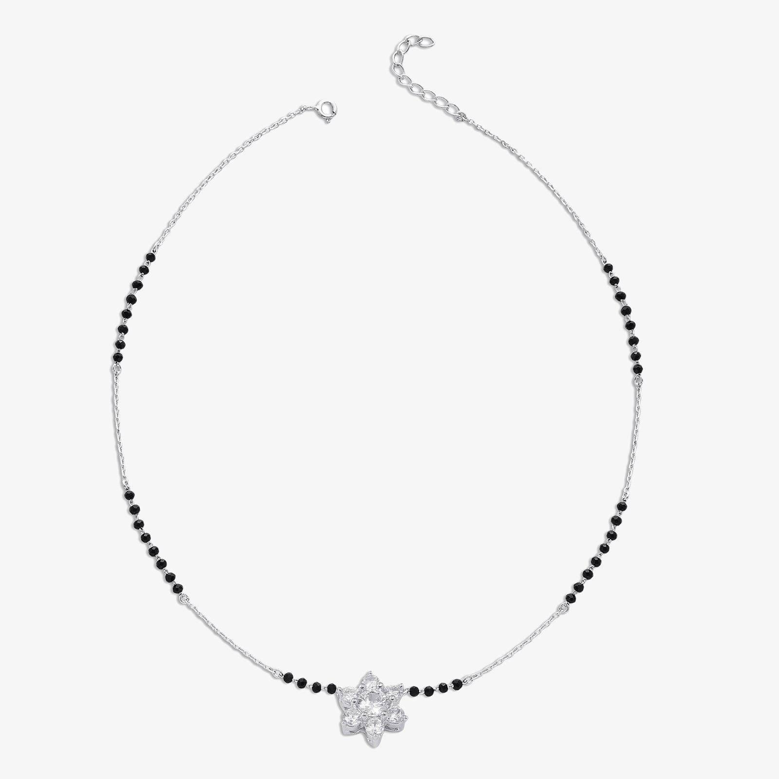 Black Crystal Beaded Floral Design Silver Mangalsutra